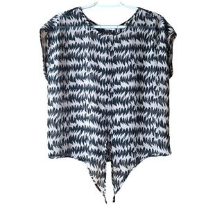 Lefties Women's Medium Sheer Geometric Print Tie Front Blouse Short Sleeve Black